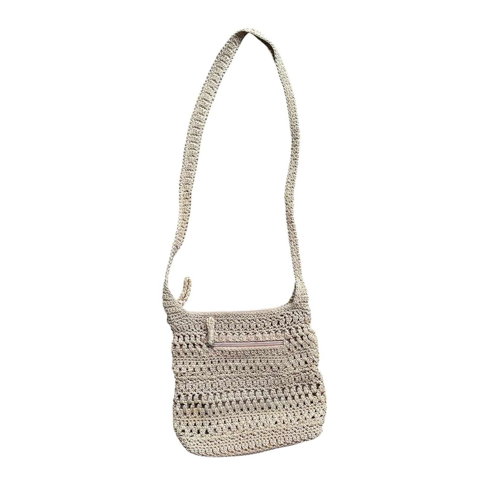 The Sak Crochet Crossbody Bag Tan Woven Zip Top Small Messenger Purse 2582